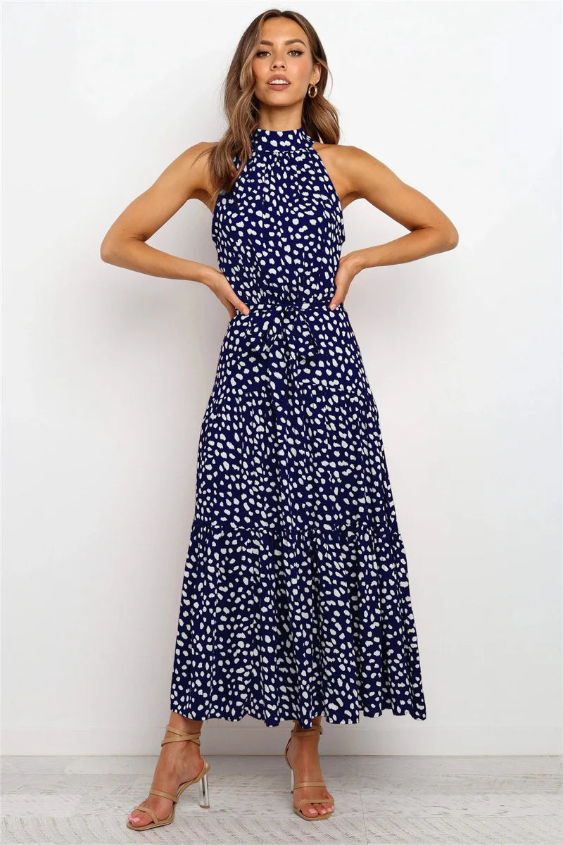 Summer Floral Print Halter Neck Beach Floral Dress