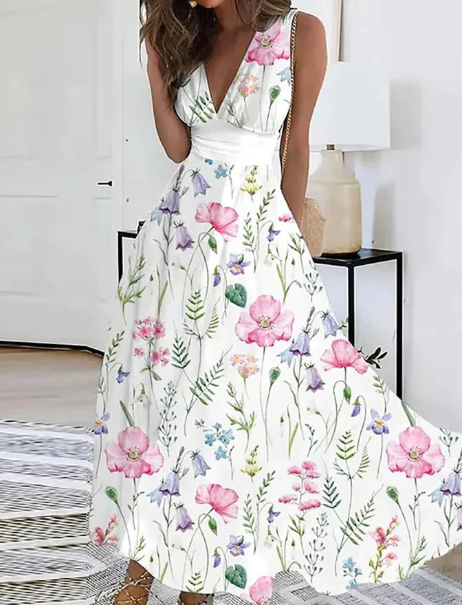 Summer Flower Print Sexy V-neck A-line Floral Dress