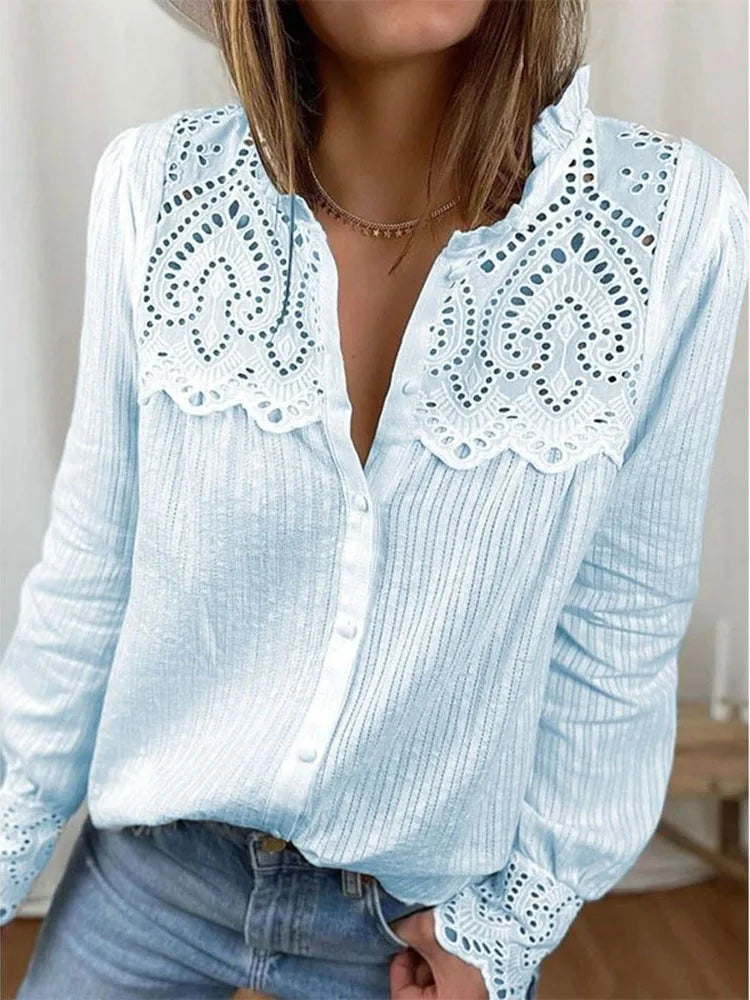 Casual Lace O-neck Loose Blouse