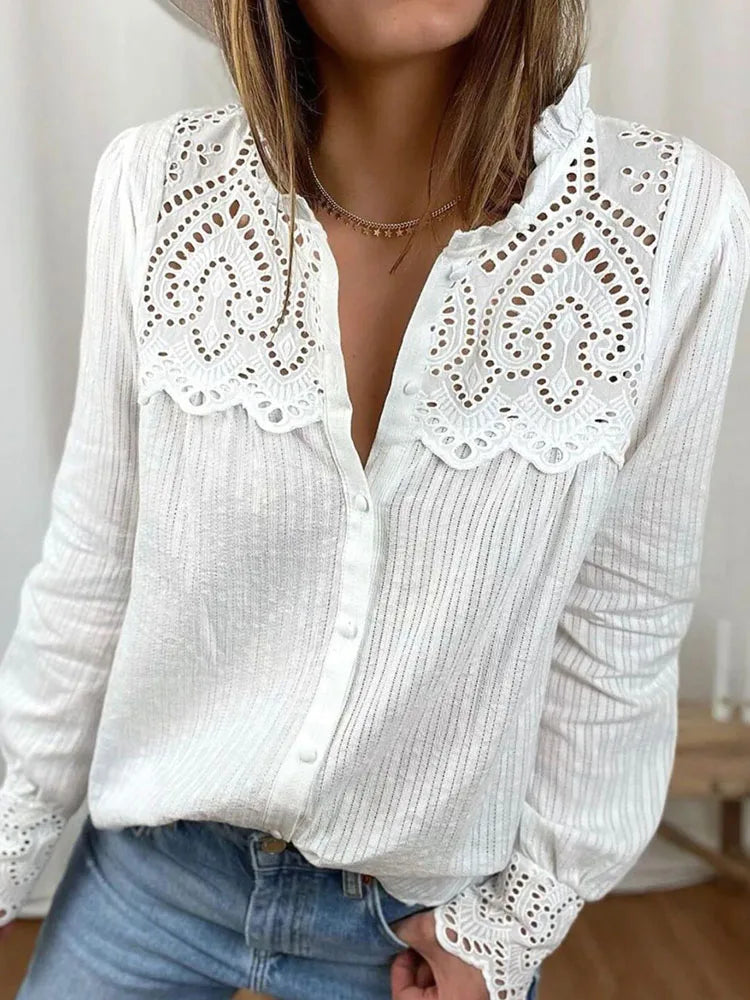 Casual Lace O-neck Loose Blouse