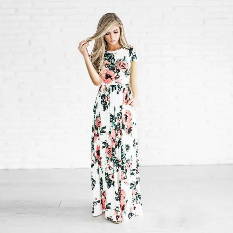 Floral Print Round Neck Long Sleeve Maxi Dress