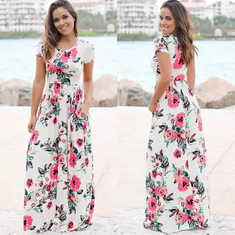 Pink Boho Floral Maxi Floral Dress