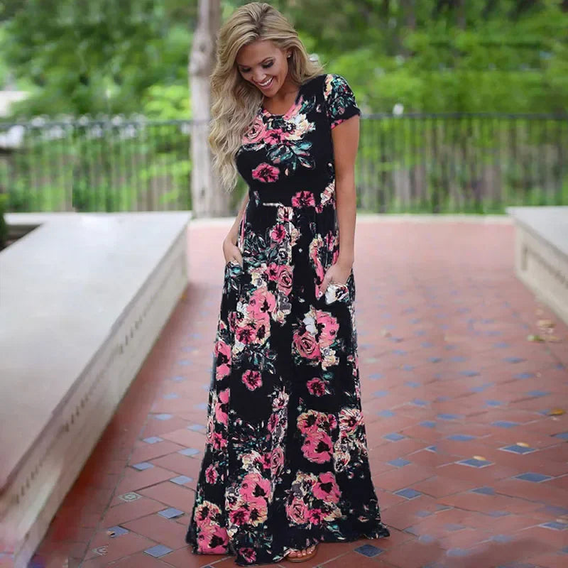 Pink Boho Floral Maxi Floral Dress