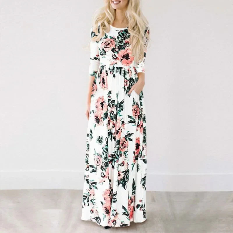 Pink Boho Floral Maxi Floral Dress