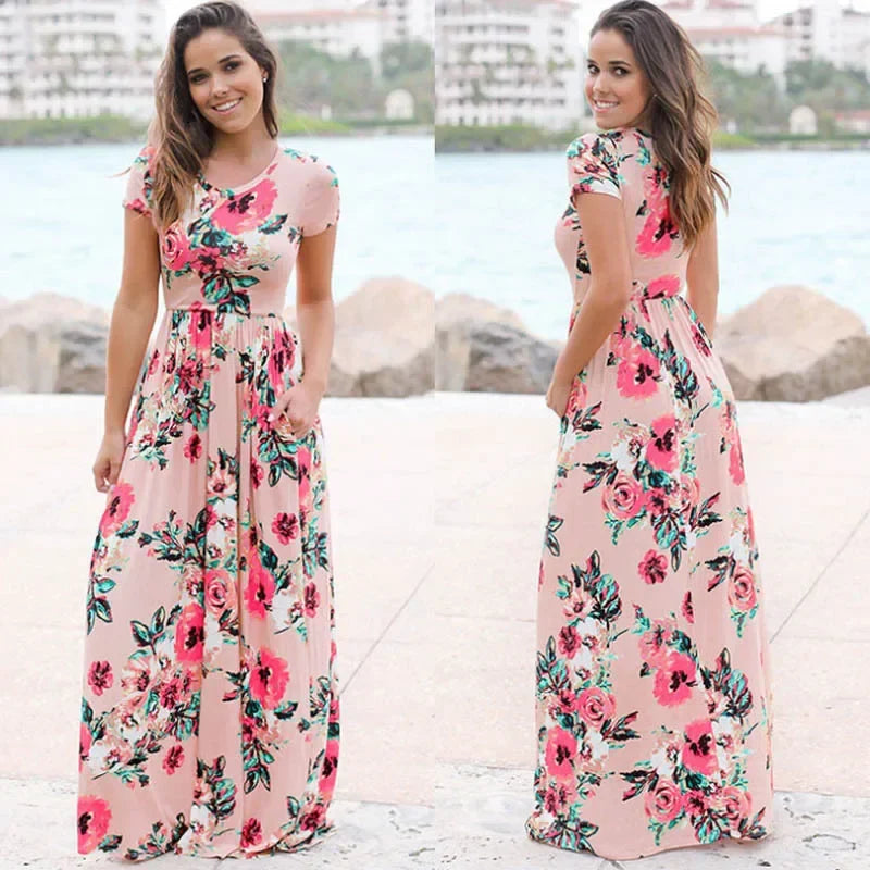 Pink Boho Floral Maxi Floral Dress