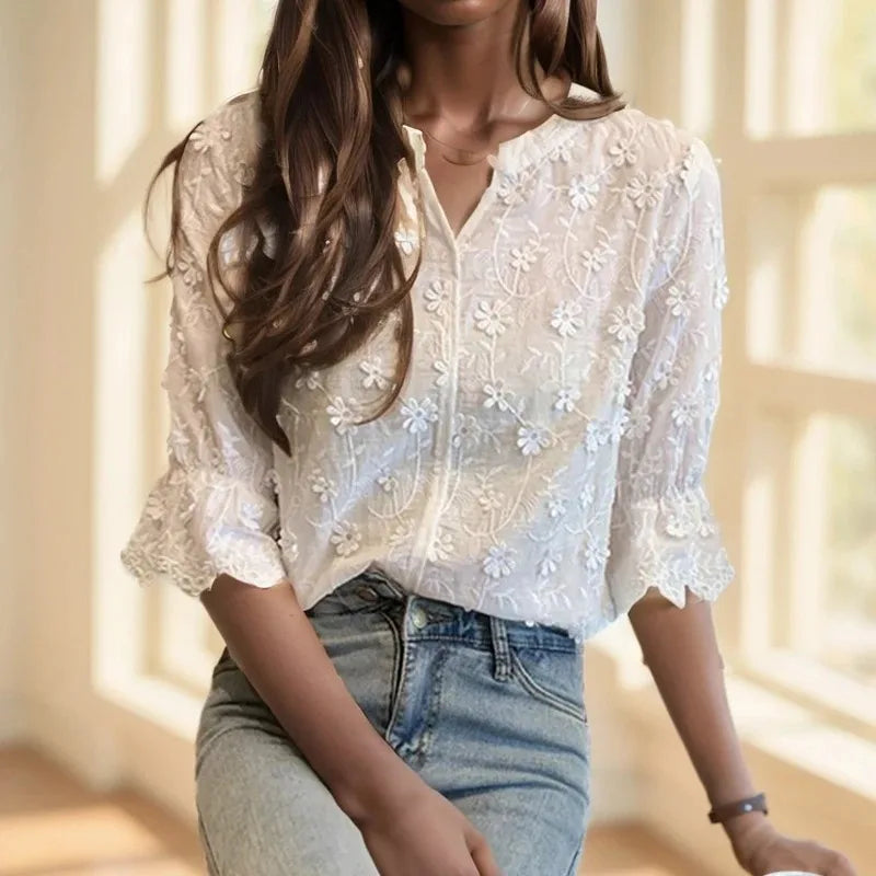 Lace Embroidered Floral Short Sleeve Casual White Blouse
