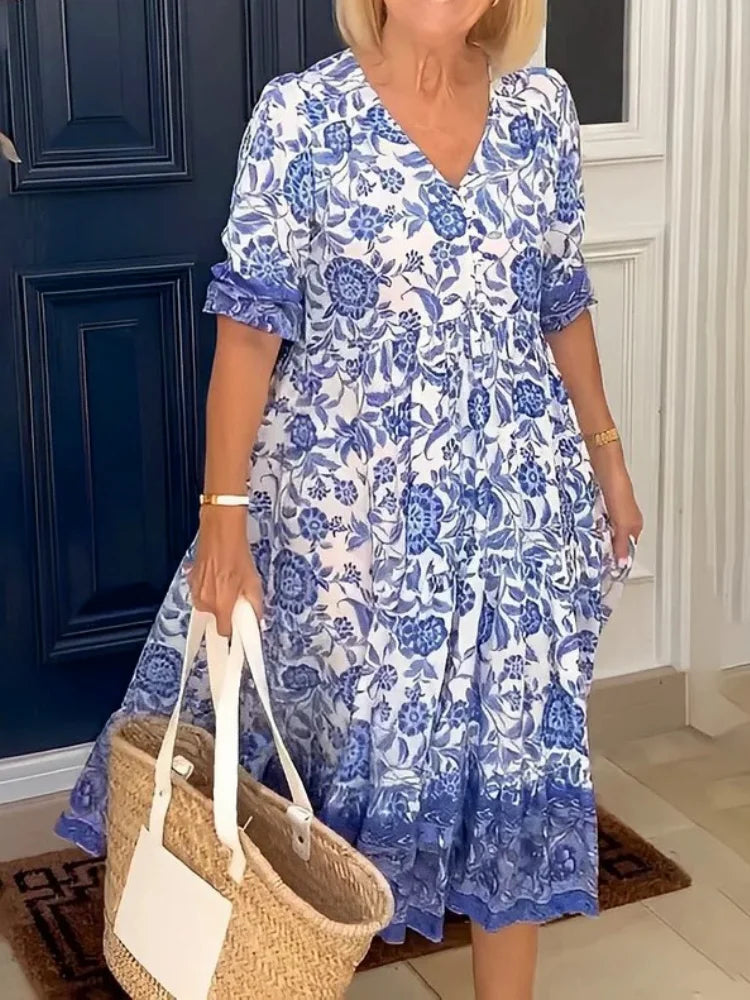 Tie-dye V-neck Floral Dress Plus Size Loose Summer Dress