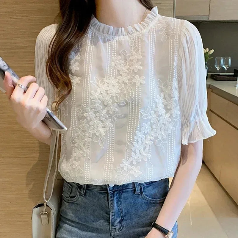 Lace Chiffon Short Sleeve Embroidery Blouse