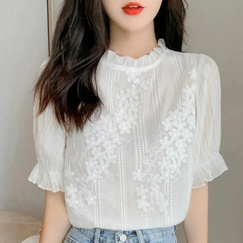 Lace Chiffon Short Sleeve Embroidery Blouse
