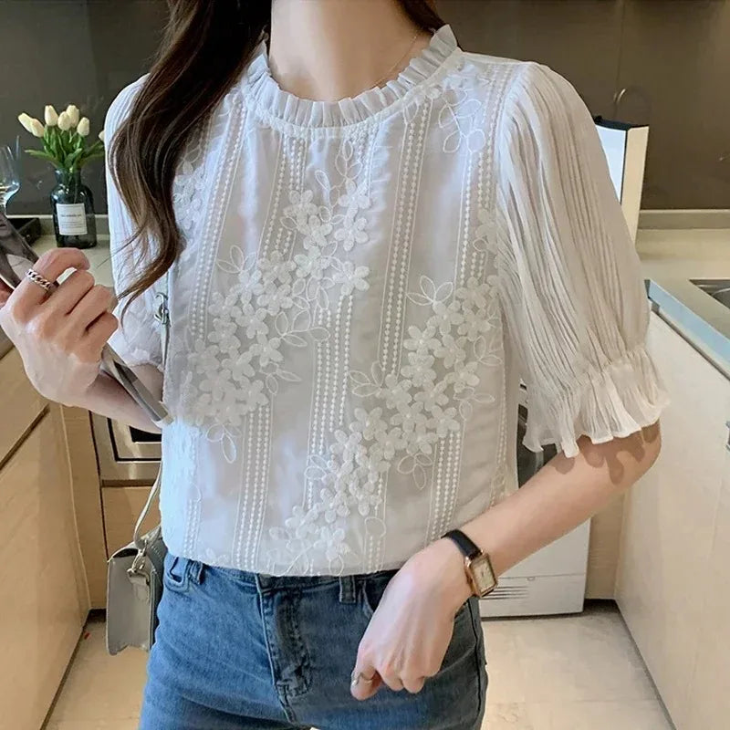 Lace Chiffon Short Sleeve Embroidery Blouse