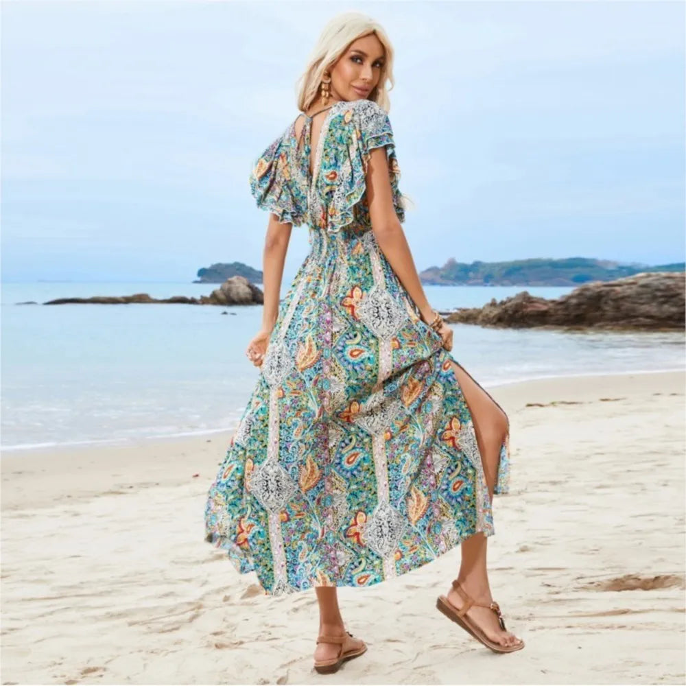 Vintage Lace Up Floral Beach Dress