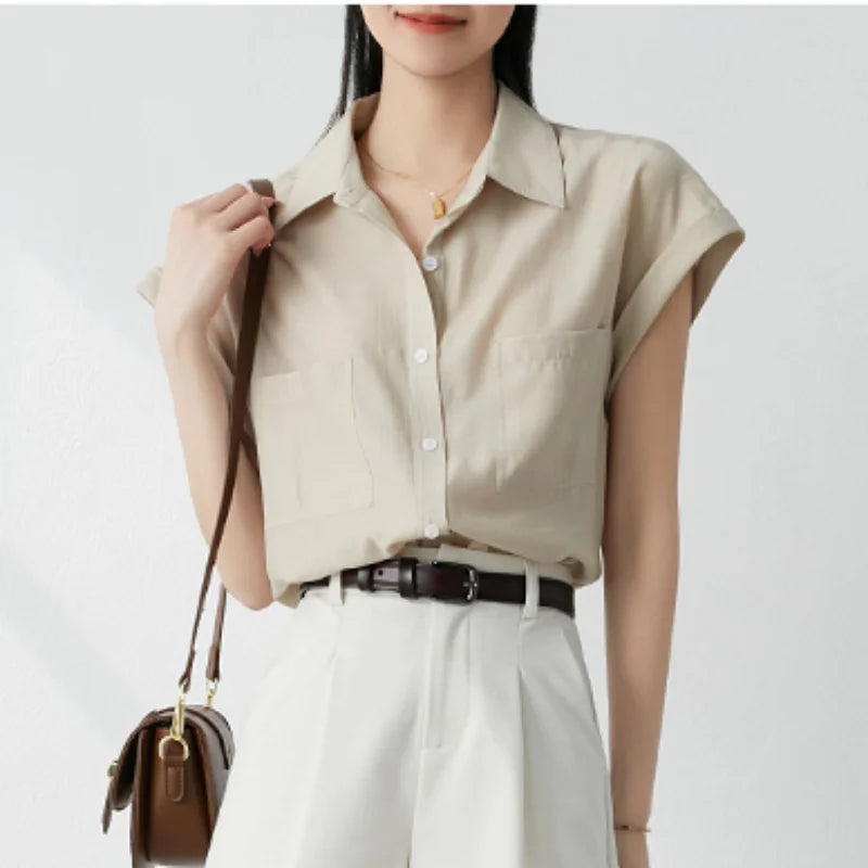Retro Loose Lapel Pocket Short Sleeve Blouse