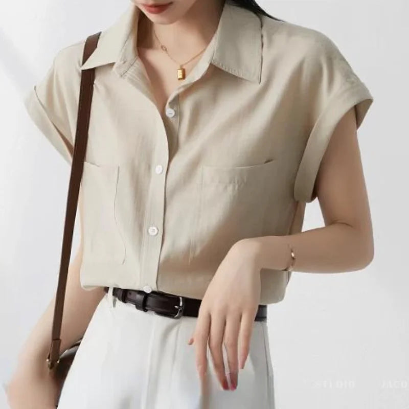 Retro Loose Lapel Pocket Short Sleeve Blouse