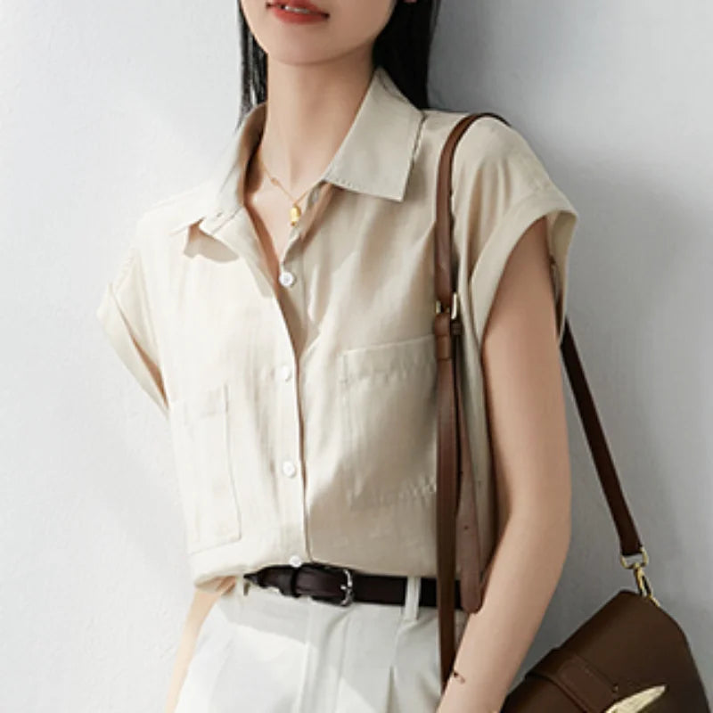 Retro Loose Lapel Pocket Short Sleeve Blouse