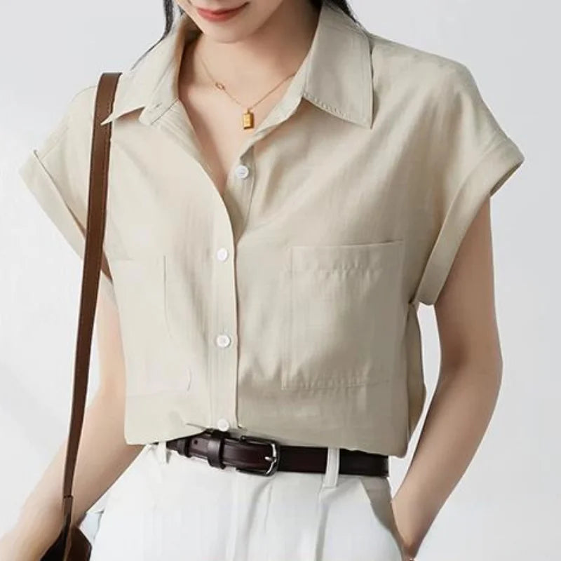 Retro Loose Lapel Pocket Short Sleeve Blouse