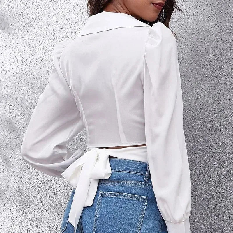 Summer Puff Long Sleeve Cropped Lace-up Blouse