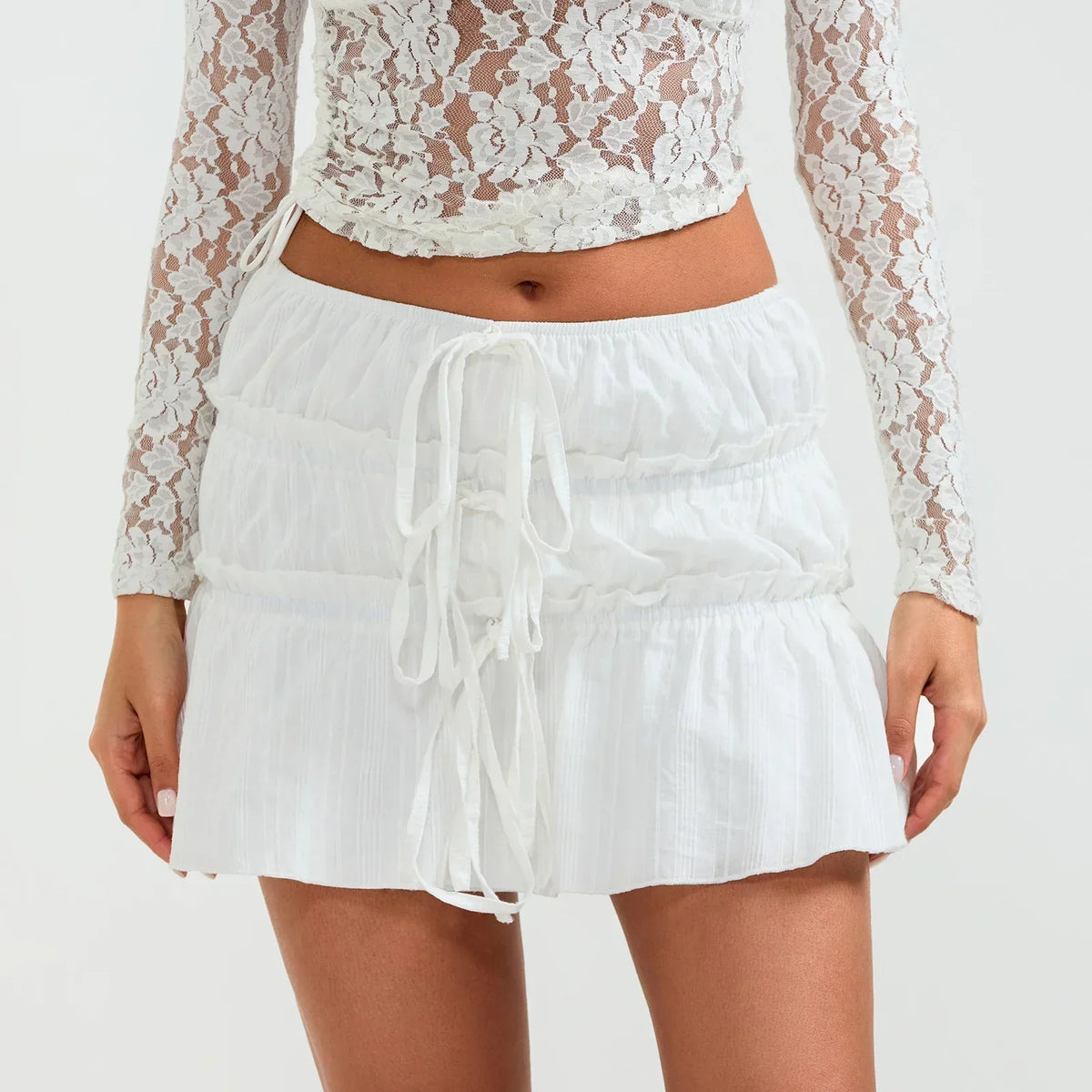 Tie-Up Front Ruched Mini Skirt