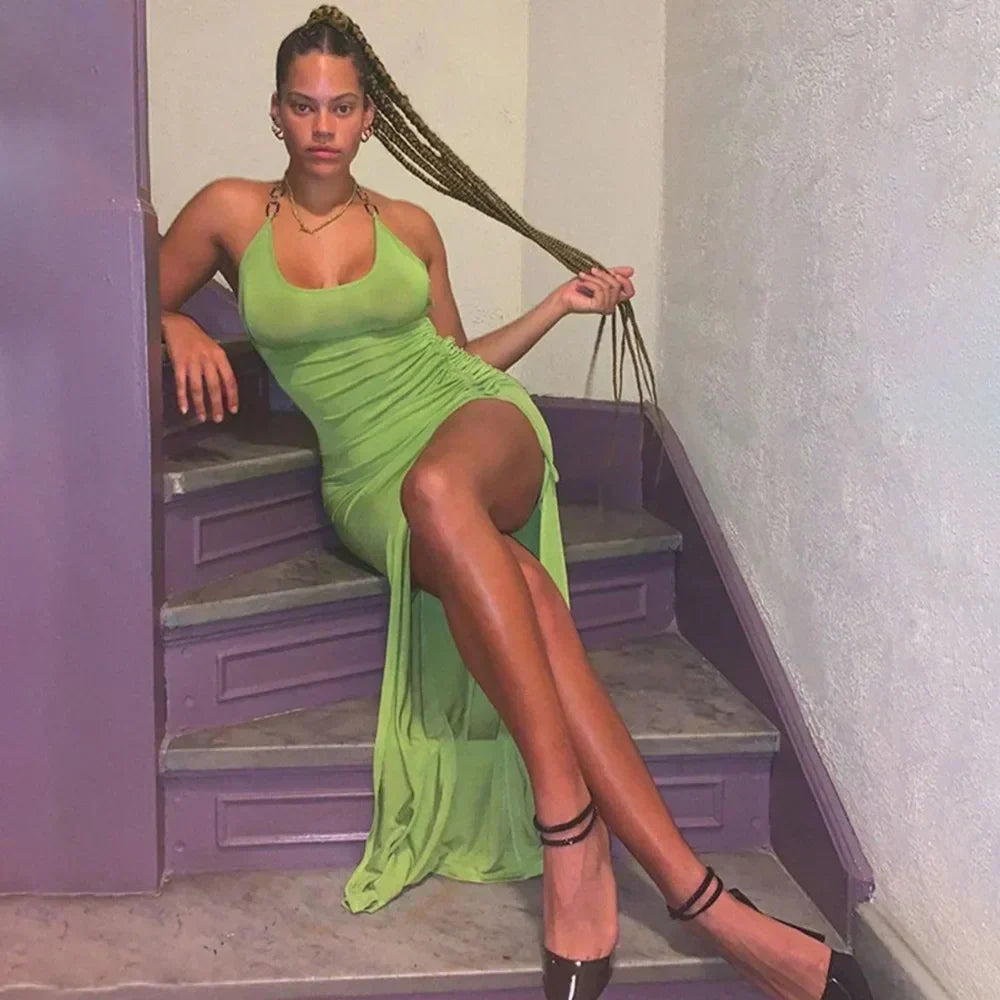 Ruched Drawstring Slit Bodycon Maxi Dress