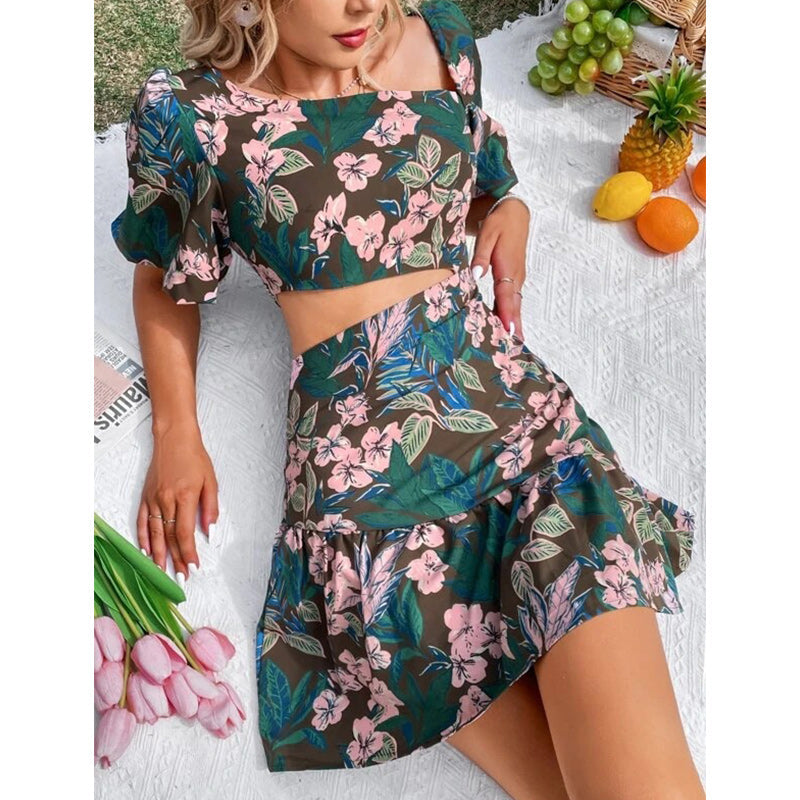 Tropical Print One-Shoulder Puff Sleeve Cutout Mini Dress 4