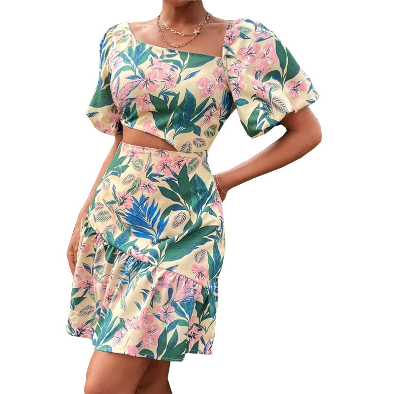 Tropical Print One-Shoulder Puff Sleeve Cutout Mini Dress 9