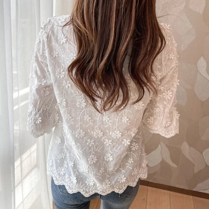Embroidery Floral Short Sleeve White Blouse