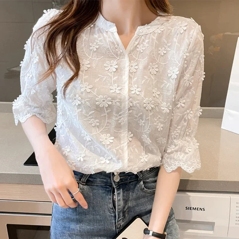 Embroidery Floral Short Sleeve White Blouse