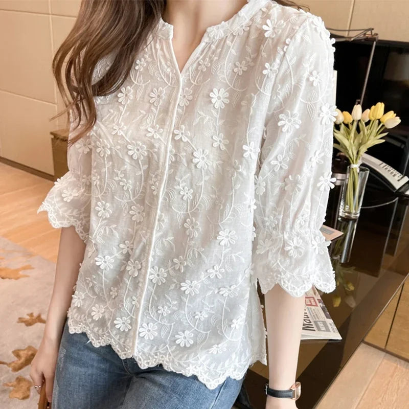 Embroidery Floral Short Sleeve White Blouse