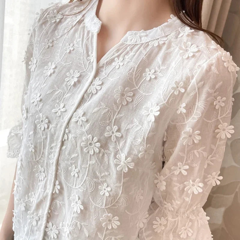 Embroidery Floral Short Sleeve White Blouse