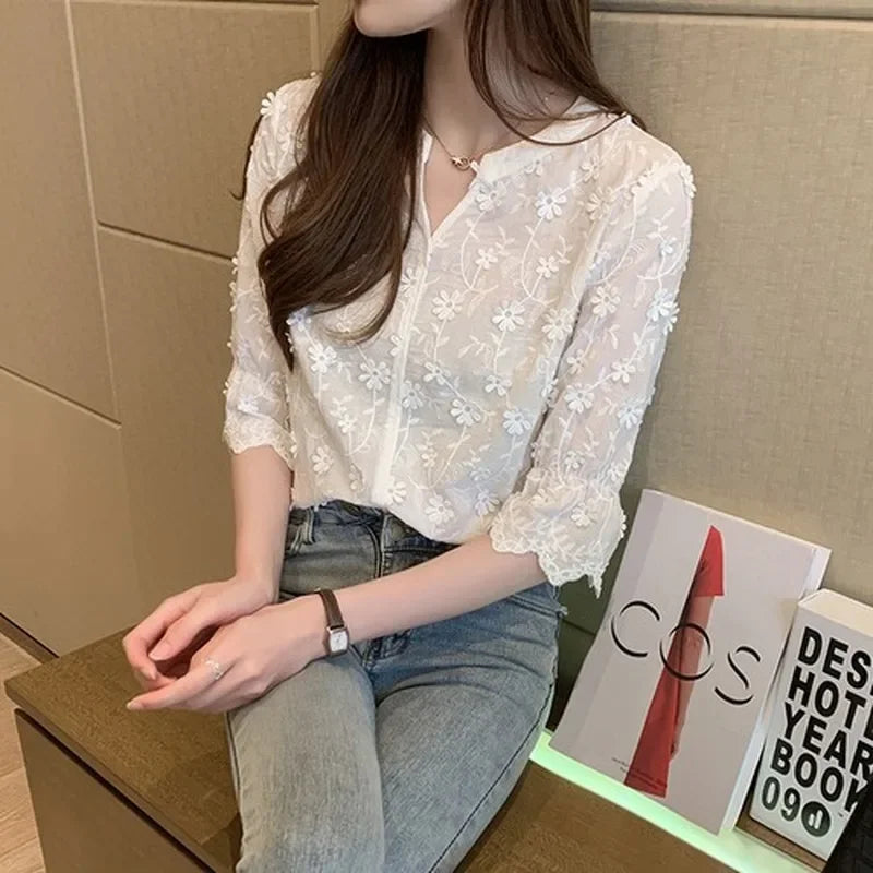Embroidery Floral Short Sleeve White Blouse