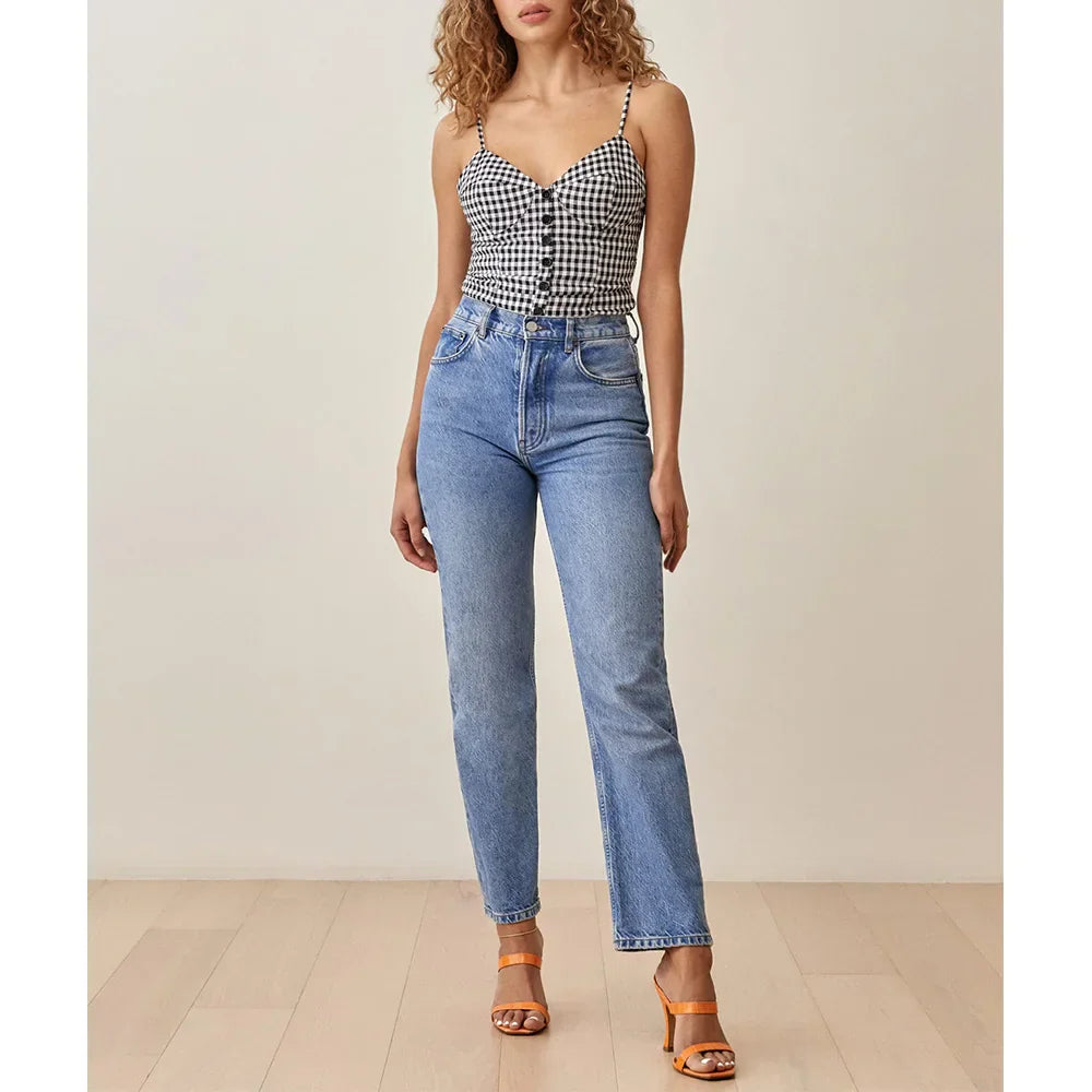 Spaghetti Strap Front Button Gingham Lace Up V Neck Casual Crop Top