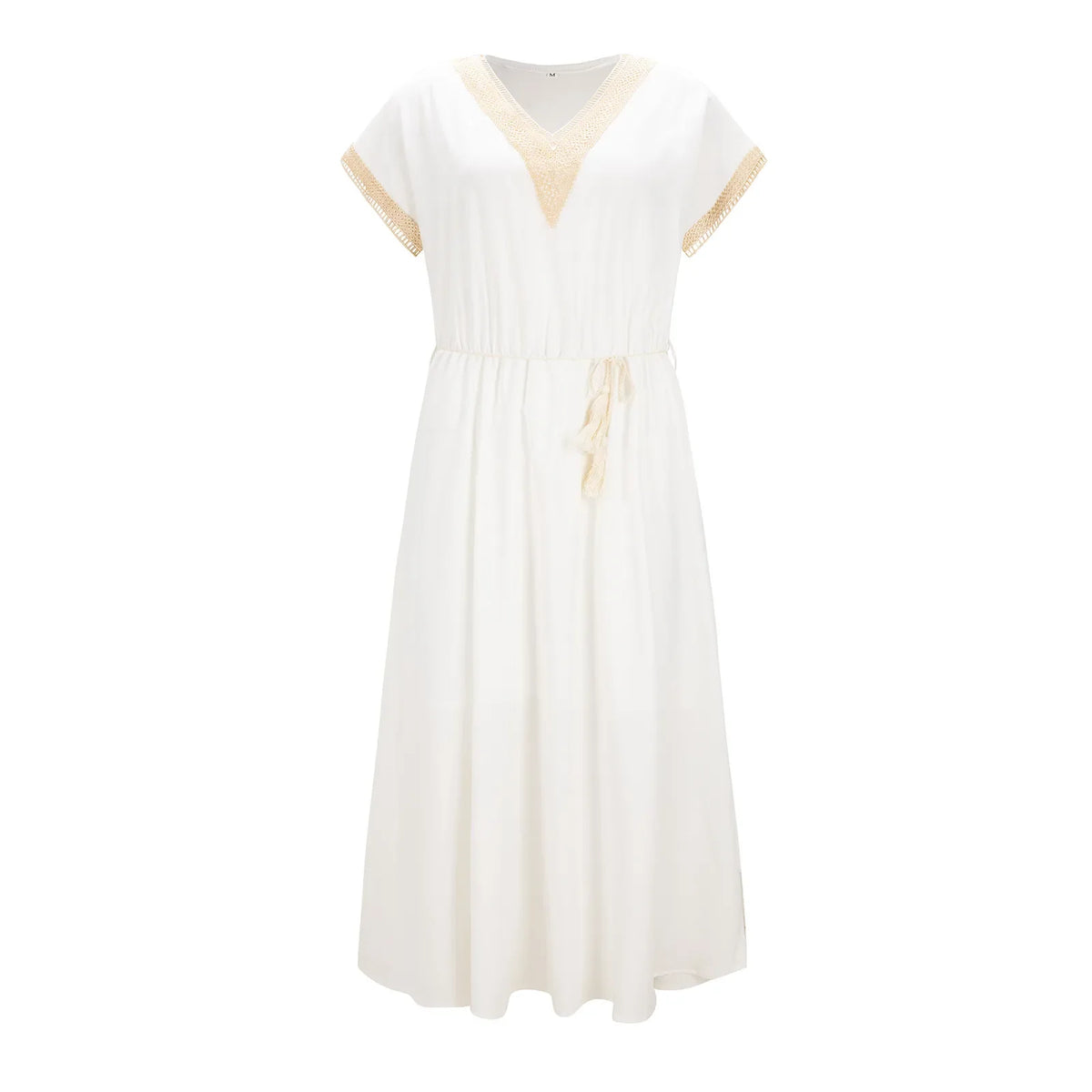 Summer V Neck Short Sleeve Office Lace-Up Loose Commuter Bat Sleeve V-Neck Solid Dress 4