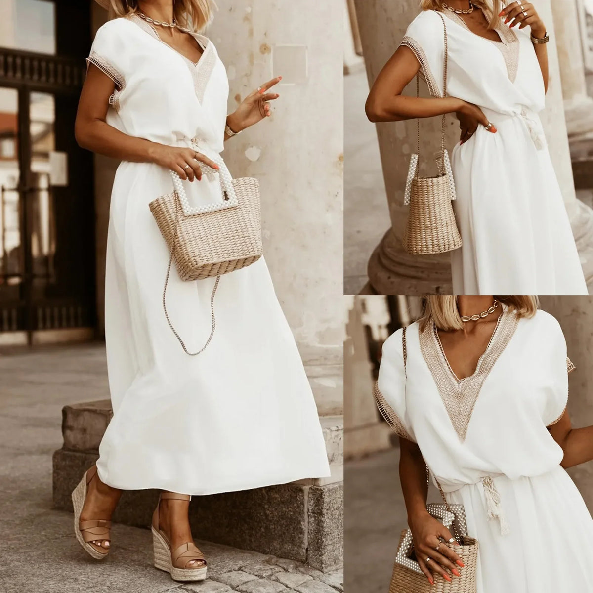 Summer V Neck Short Sleeve Office Lace-Up Loose Commuter Bat Sleeve V-Neck Solid Dress 7