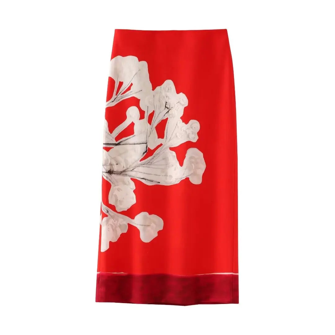 Elegant Pink Floral Printed Mid Waist Slit Midi Pencil Skirt