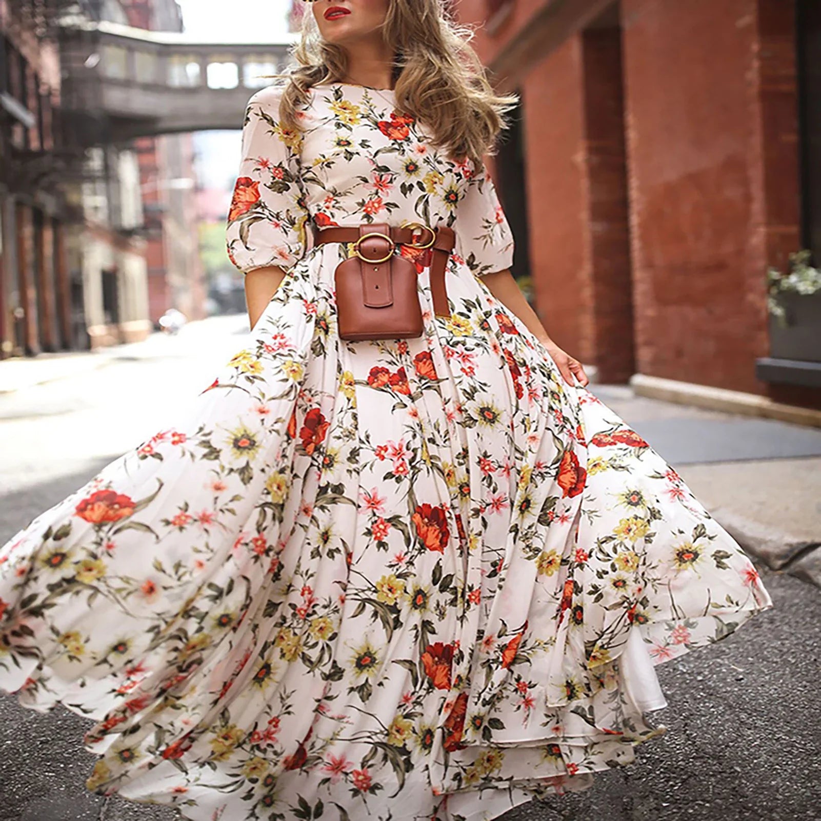 Maxi Dress Flower Print Pleated Swing Evening Dress