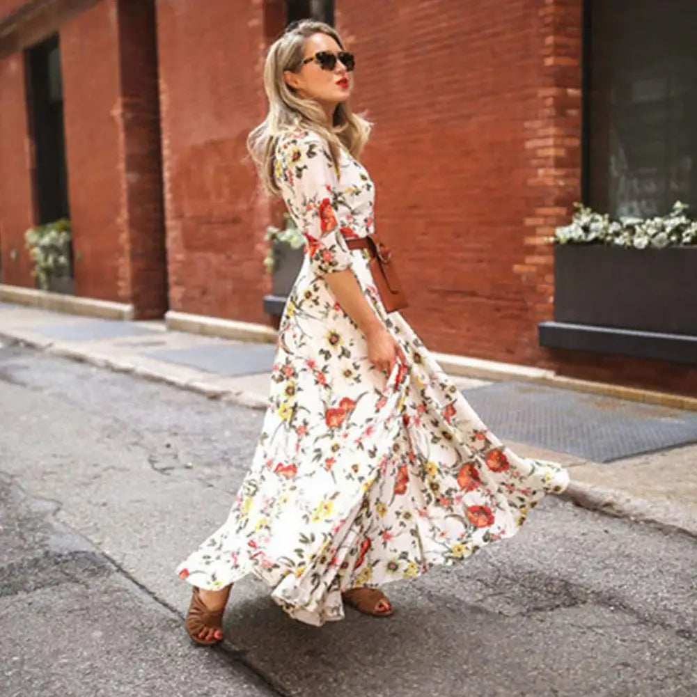 Floral Print Boat Neck Puff Sleeve Belted Maxi Dress