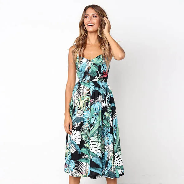 Suspender V-neck Sleeveless Floral Vacation Dress Decor / S oldfloraldress-250126