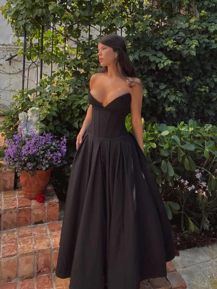 Corset Deep V-Neck Strapless A-Line Midi Dress - View 3
