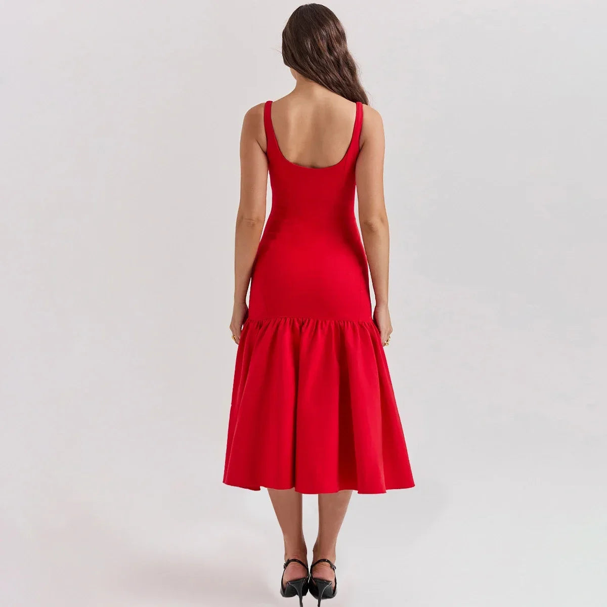 Red Spaghetti Strap Midi Holiday Dress - Casual Birthday & Christmas Party Dress - Fashionpara