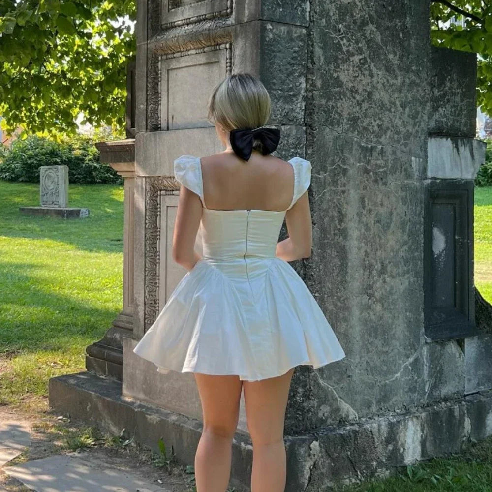 V Neck Cape Sleeve Fluffy White Mini Dress