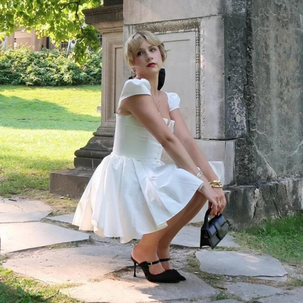 V Neck Cape Sleeve Fluffy White Mini Dress