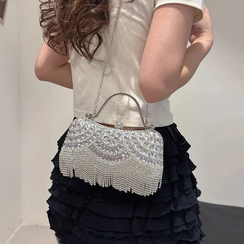 Exquisite Diamonds Gold Silver Hasp Chain Clutch Bag