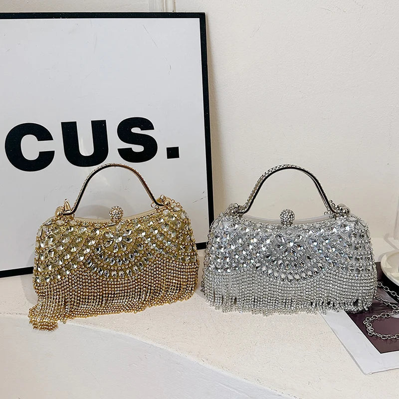 Exquisite Diamonds Gold Silver Hasp Chain Clutch Bag