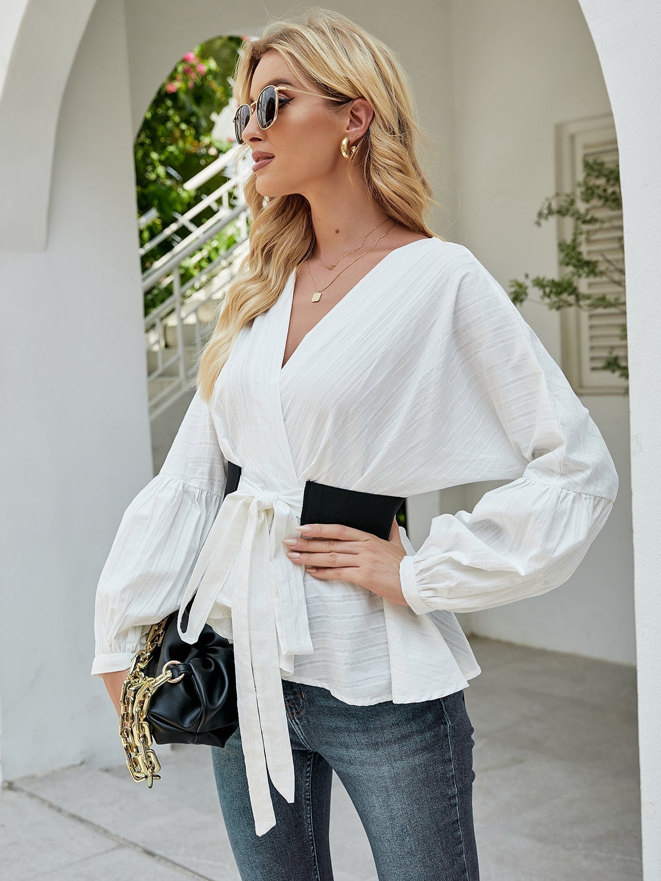 Surplice Front Belted Blouse - Fashionpara