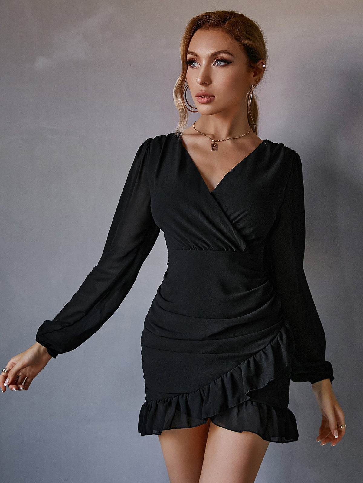 KittenAlarm - Surplice Neck Ruched Wrap Ruffle Hem Dress