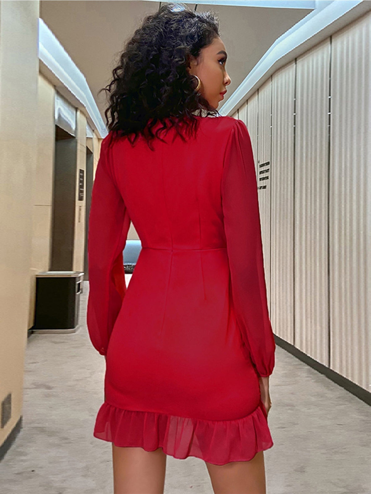 KittenAlarm - Surplice Neck Ruched Wrap Ruffle Hem Dress