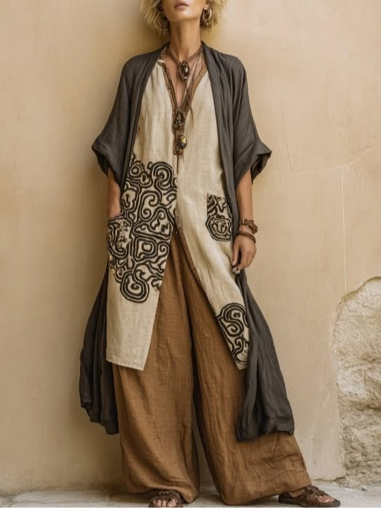 Appliqué Linen Look Kimono Tunic and Wide Leg Pants Three Piece Set