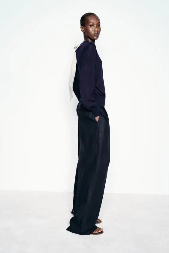 Color Contrasting Bow Bat Sleeve Cardigan