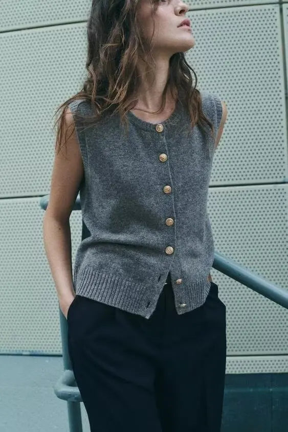 Round Neck Gold Button Sleeveless Cardigan