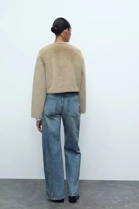 Artificial Fur Short Jacket Knit Cardigan