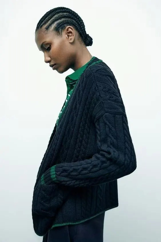 Lazy Style Contrasting V-neck Cardigan